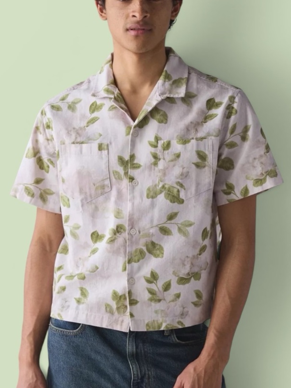 BDG Cream Short-Sleeve Leaf Print Button-Down Shirt Cotton Linen Blend Mens Top
